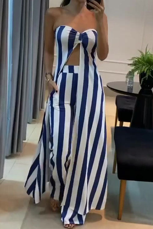 Rowangirl  Cross Pleated Knot Slit Top Wide Leg Pants Suit