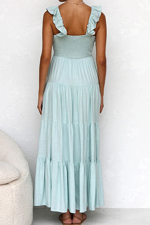 Rowangirl V-Neck Cotton And Linen Sleeveless Solid Color Lace Dress