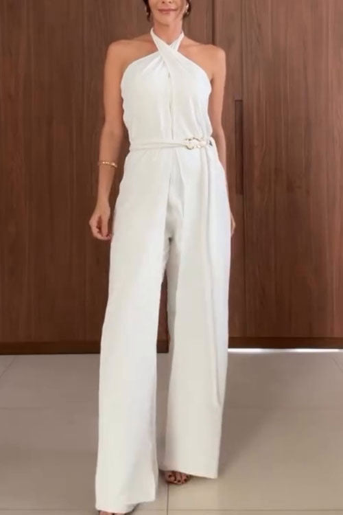 Rowangirl  Halter Neck Solid Color Sleeveless Jumpsuit