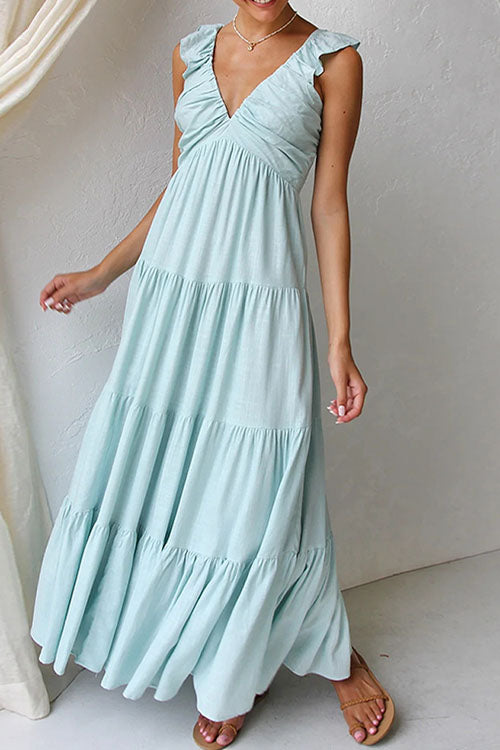 Rowangirl V-Neck Cotton And Linen Sleeveless Solid Color Lace Dress