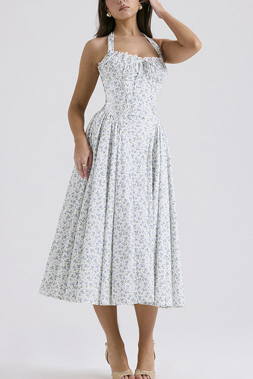 Rowangirl   Fashion Print Halter Neck Lace Dress