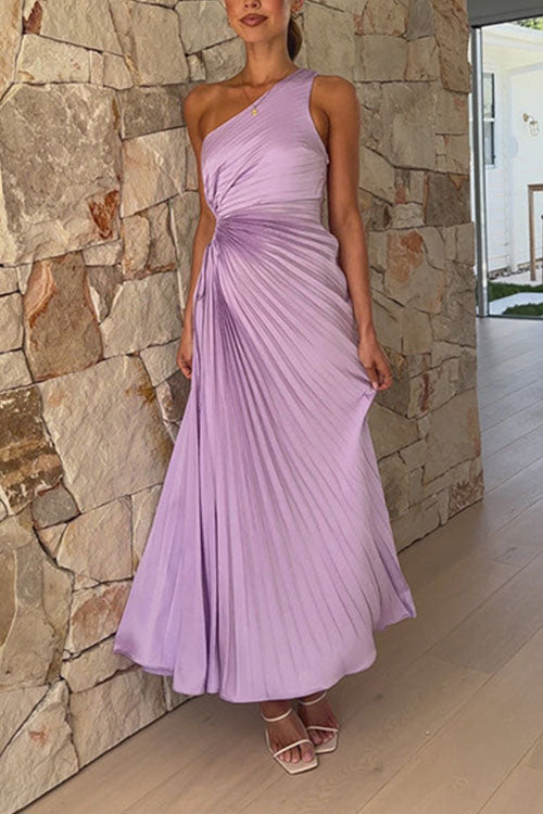 Rowangirl  Fashionable One-Shoulder Hollow Pleated Dress