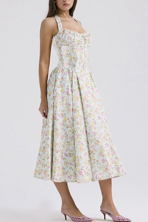 Rowangirl   Fashion Print Halter Neck Lace Dress