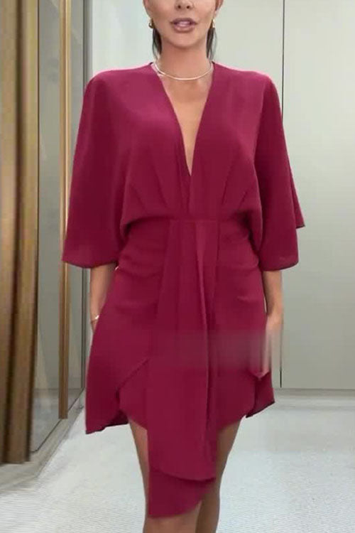Rowangirl  Solid Color Fashionable V-neck Irregular Dress