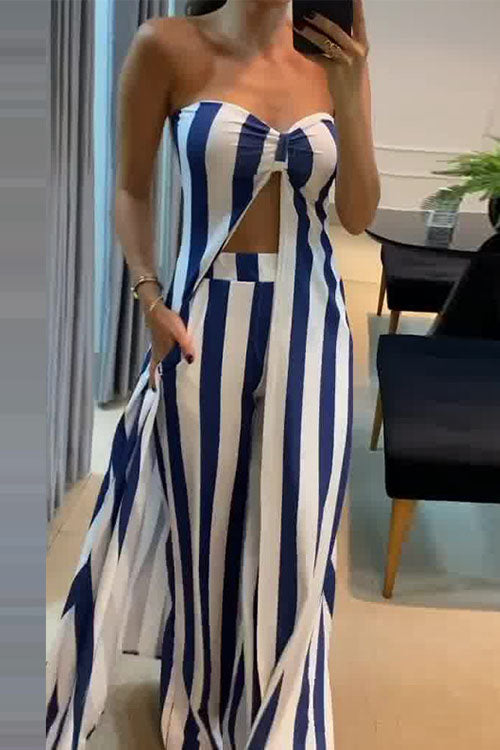 Rowangirl  Cross Pleated Knot Slit Top Wide Leg Pants Suit