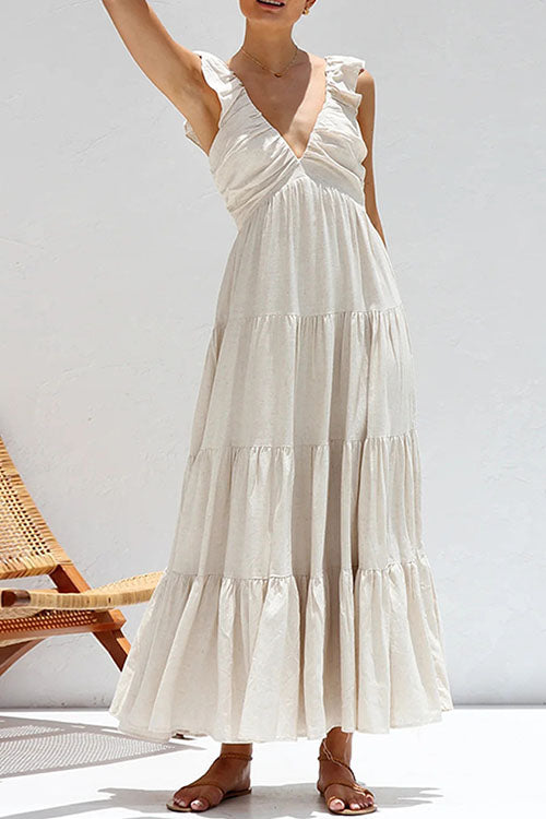 Rowangirl V-Neck Cotton And Linen Sleeveless Solid Color Lace Dress