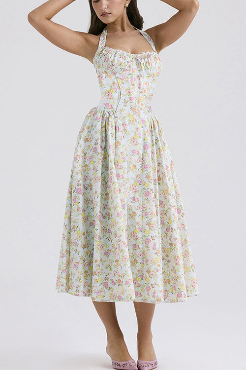 Rowangirl   Fashion Print Halter Neck Lace Dress