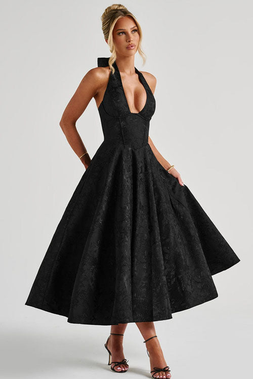 Rowangirl V-Neck Halterneck Sleeveless Jacquard Maxi Dress