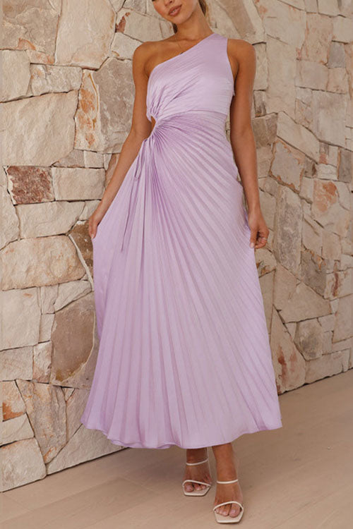 Rowangirl  Fashionable One-Shoulder Hollow Pleated Dress