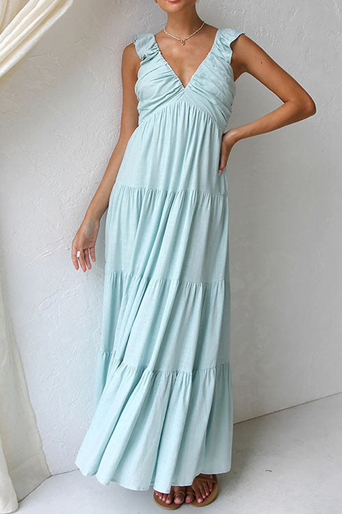 Rowangirl V-Neck Cotton And Linen Sleeveless Solid Color Lace Dress