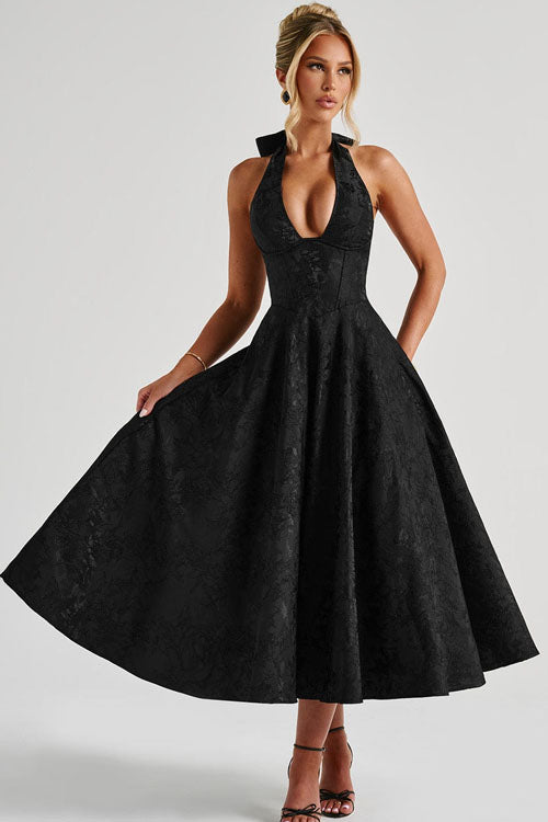 Rowangirl V-Neck Halterneck Sleeveless Jacquard Maxi Dress