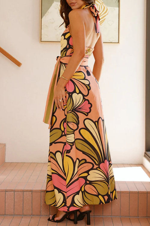 Rowangirl Printed Halterneck Halter Back Long Dress