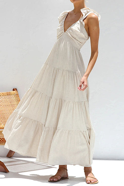 Rowangirl V-Neck Cotton And Linen Sleeveless Solid Color Lace Dress