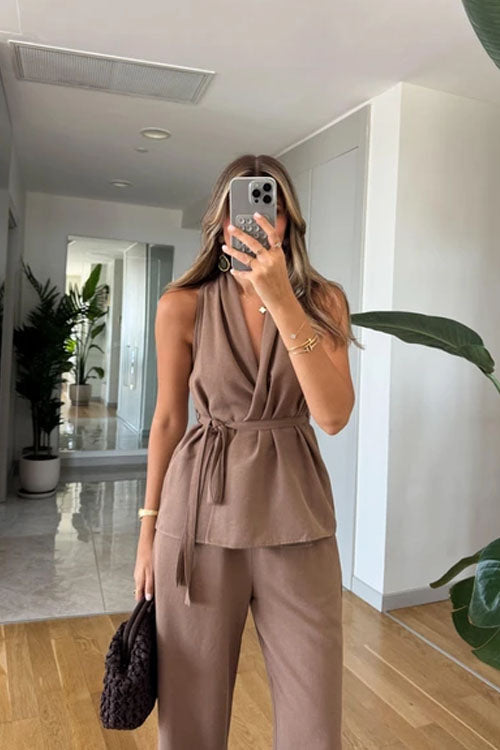 Rowangirl  Sleeveless Tie Solid Color Straight-Leg Two-Piece Suit