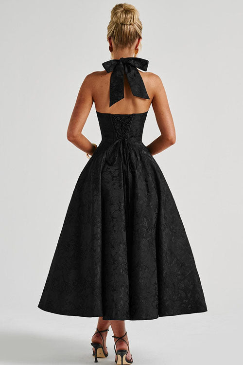 Rowangirl V-Neck Halterneck Sleeveless Jacquard Maxi Dress