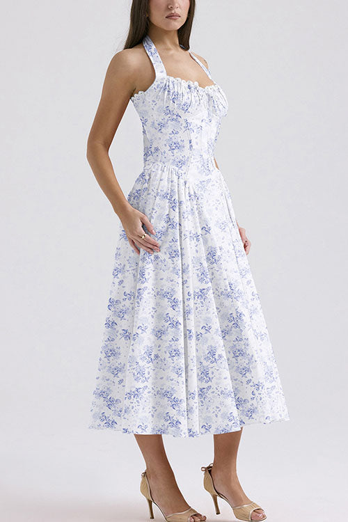Rowangirl   Fashion Print Halter Neck Lace Dress