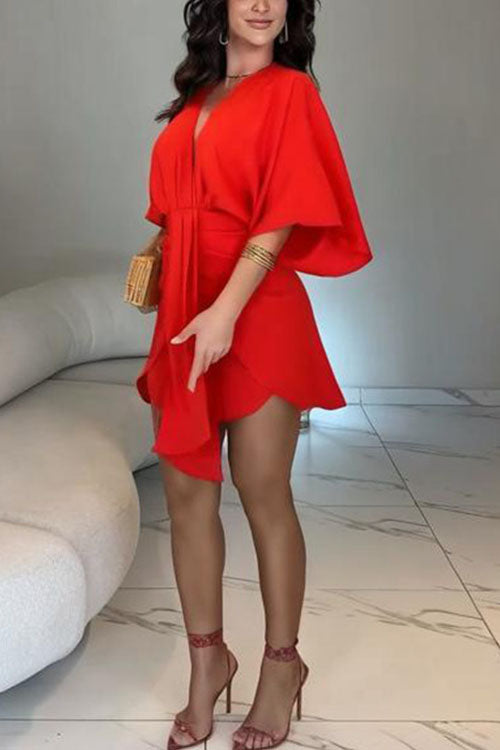 Rowangirl  Solid Color Fashionable V-neck Irregular Dress
