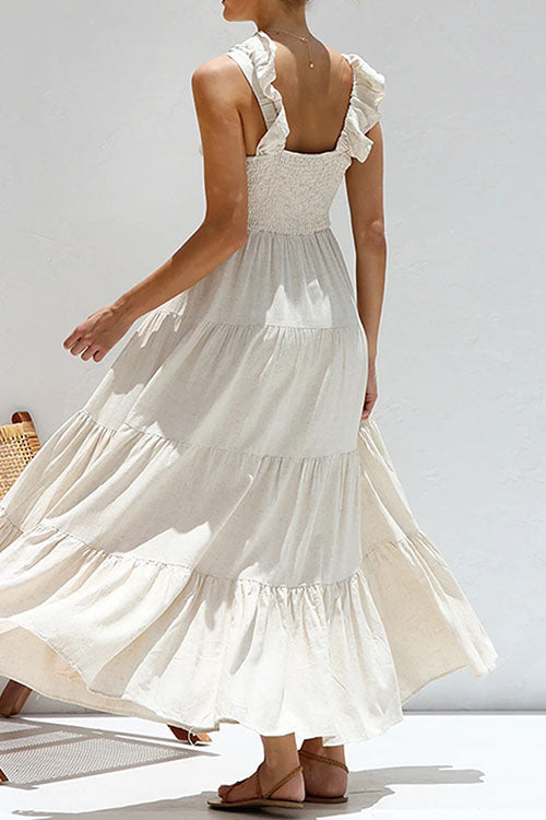 Rowangirl V-Neck Cotton And Linen Sleeveless Solid Color Lace Dress