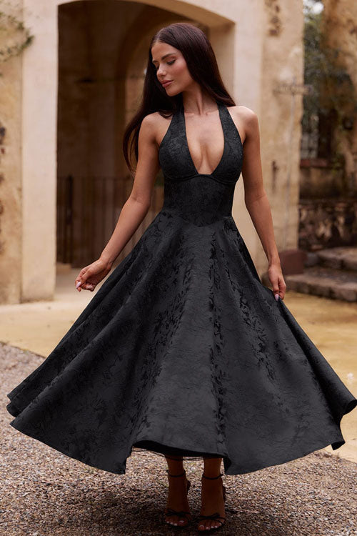 Rowangirl V-Neck Halterneck Sleeveless Jacquard Maxi Dress