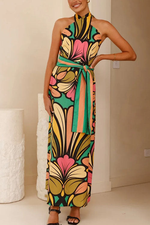 Rowangirl Printed Halterneck Halter Back Long Dress