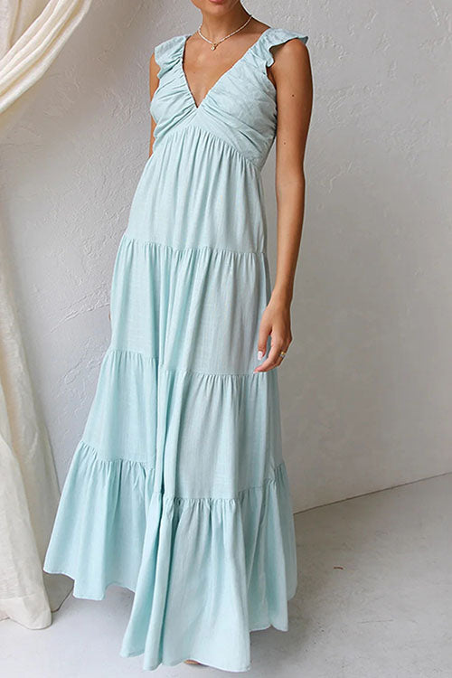 Rowangirl V-Neck Cotton And Linen Sleeveless Solid Color Lace Dress