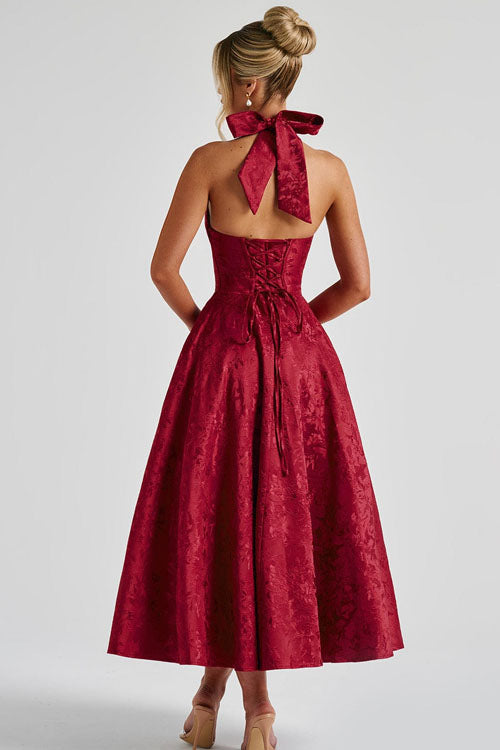 Rowangirl V-Neck Halterneck Sleeveless Jacquard Maxi Dress