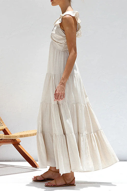 Rowangirl V-Neck Cotton And Linen Sleeveless Solid Color Lace Dress