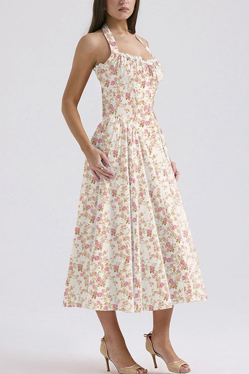 Rowangirl   Fashion Print Halter Neck Lace Dress