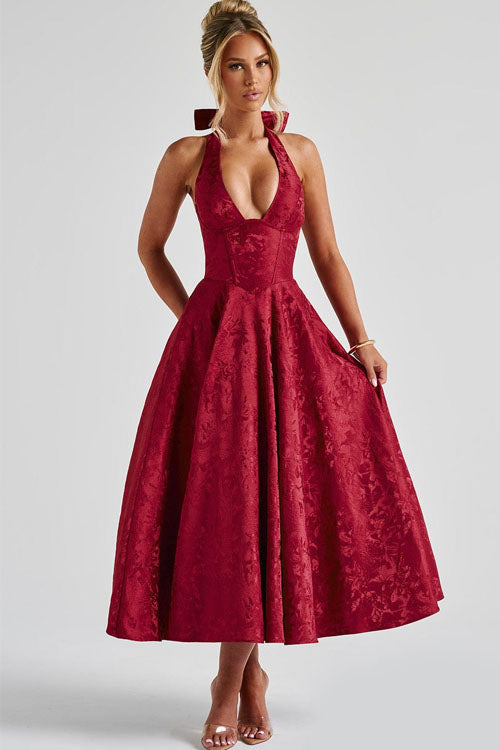 Rowangirl V-Neck Halterneck Sleeveless Jacquard Maxi Dress