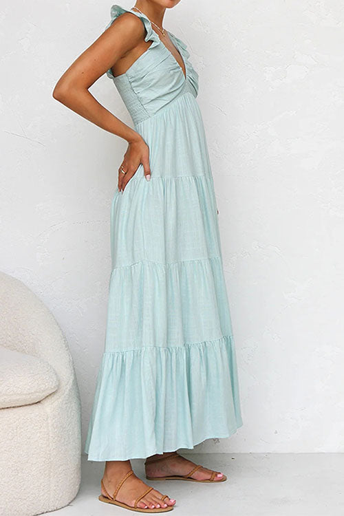 Rowangirl V-Neck Cotton And Linen Sleeveless Solid Color Lace Dress