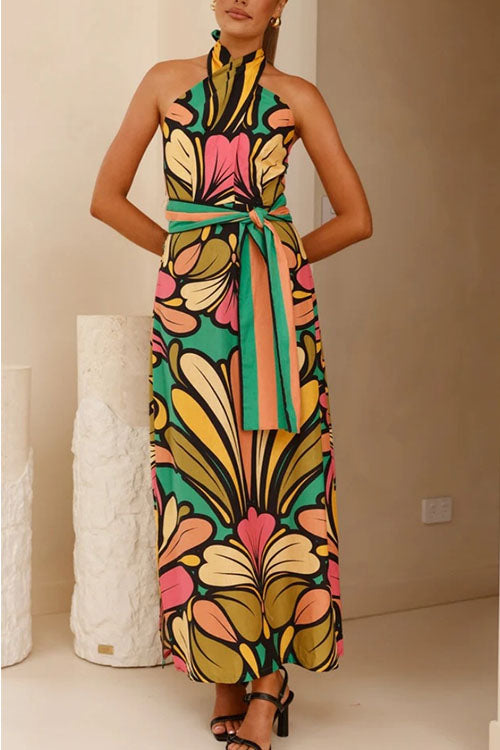 Rowangirl Printed Halterneck Halter Back Long Dress