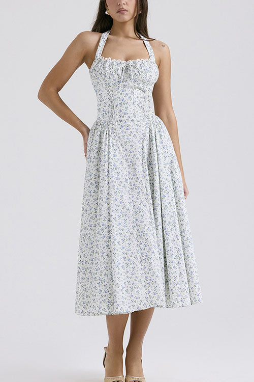 Rowangirl   Fashion Print Halter Neck Lace Dress