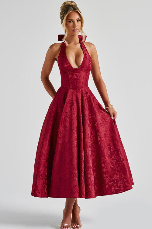 Rowangirl V-Neck Halterneck Sleeveless Jacquard Maxi Dress