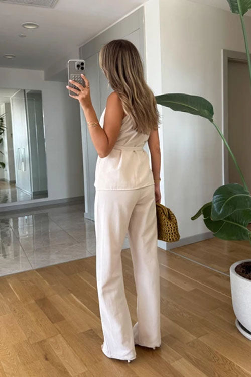 Rowangirl  Sleeveless Tie Solid Color Straight-Leg Two-Piece Suit