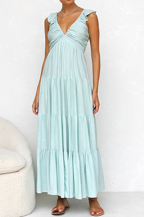 Rowangirl V-Neck Cotton And Linen Sleeveless Solid Color Lace Dress
