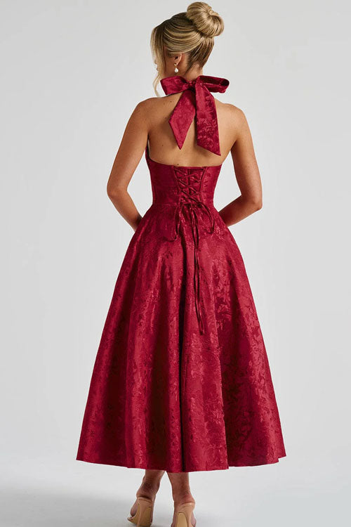 Rowangirl V-Neck Halterneck Sleeveless Jacquard Maxi Dress