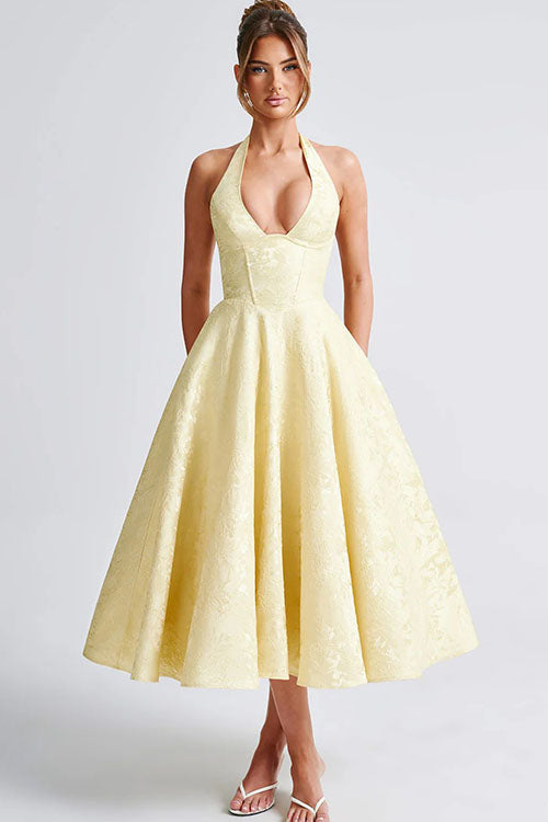 Rowangirl V-Neck Halterneck Sleeveless Jacquard Maxi Dress