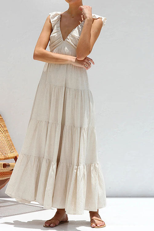 Rowangirl V-Neck Cotton And Linen Sleeveless Solid Color Lace Dress