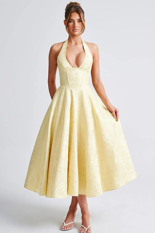 Rowangirl V-Neck Halterneck Sleeveless Jacquard Maxi Dress