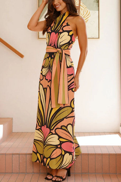 Rowangirl Printed Halterneck Halter Back Long Dress