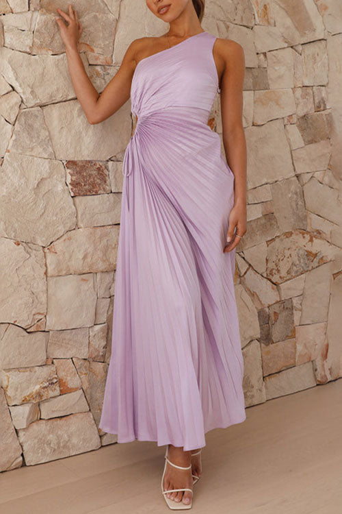Rowangirl  Fashionable One-Shoulder Hollow Pleated Dress