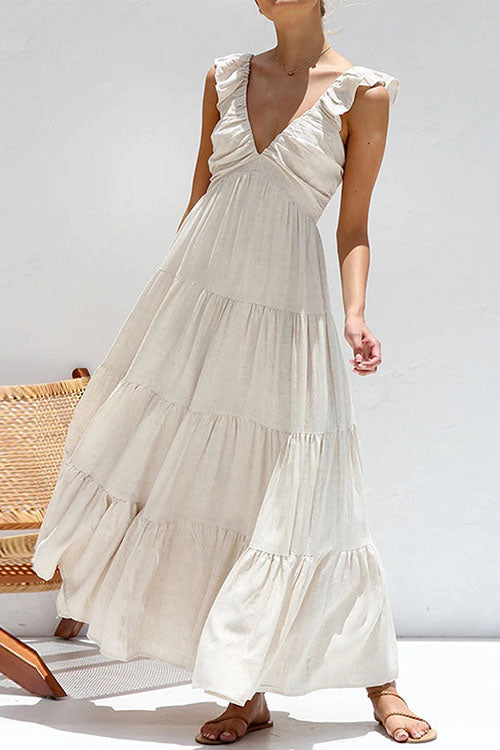 Rowangirl V-Neck Cotton And Linen Sleeveless Solid Color Lace Dress