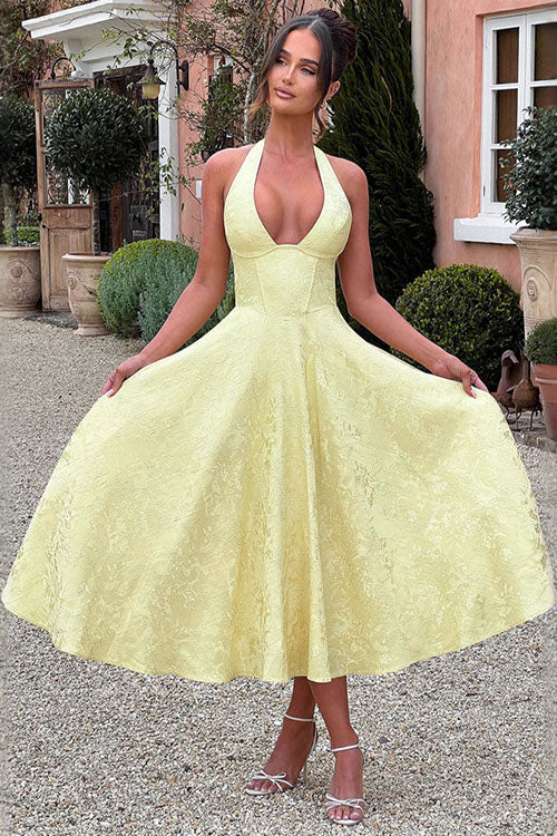 Rowangirl V-Neck Halterneck Sleeveless Jacquard Maxi Dress