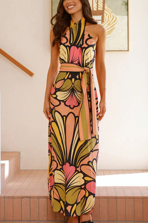 Rowangirl Printed Halterneck Halter Back Long Dress