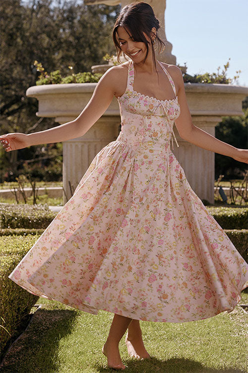 Rowangirl   Fashion Print Halter Neck Lace Dress
