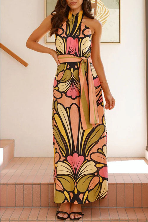 Rowangirl Printed Halterneck Halter Back Long Dress