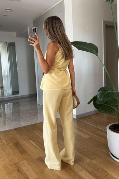 Rowangirl  Sleeveless Tie Solid Color Straight-Leg Two-Piece Suit