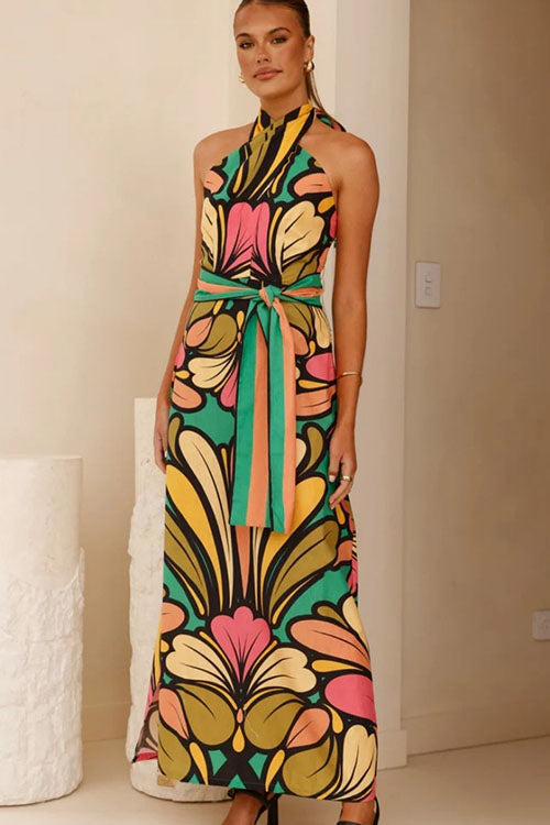 Rowangirl Printed Halterneck Halter Back Long Dress