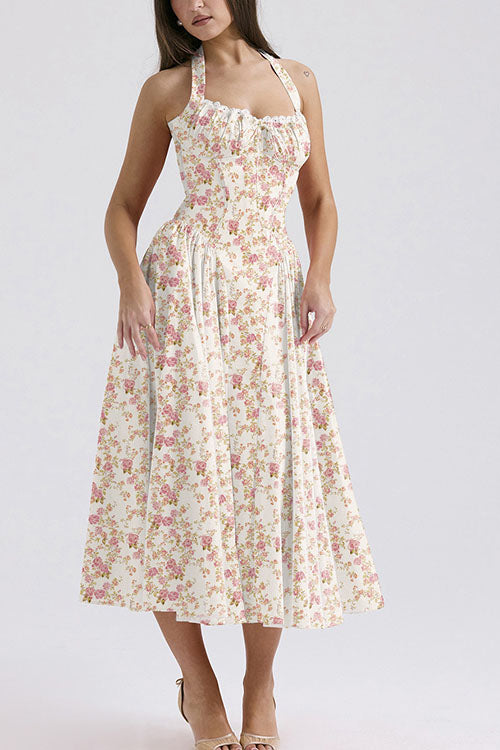 Rowangirl   Fashion Print Halter Neck Lace Dress