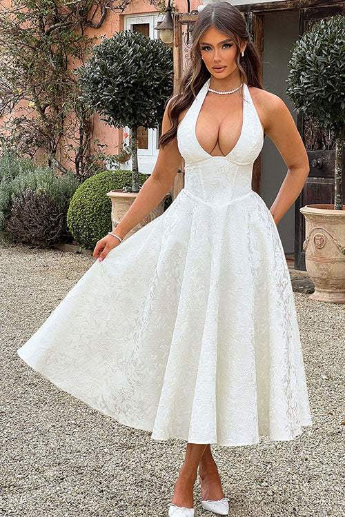 Rowangirl V-Neck Halterneck Sleeveless Jacquard Maxi Dress